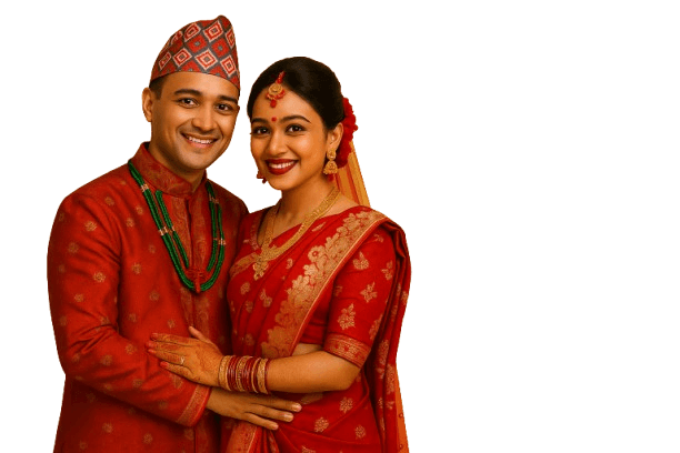 A Nepali couple in traditional wedding dress